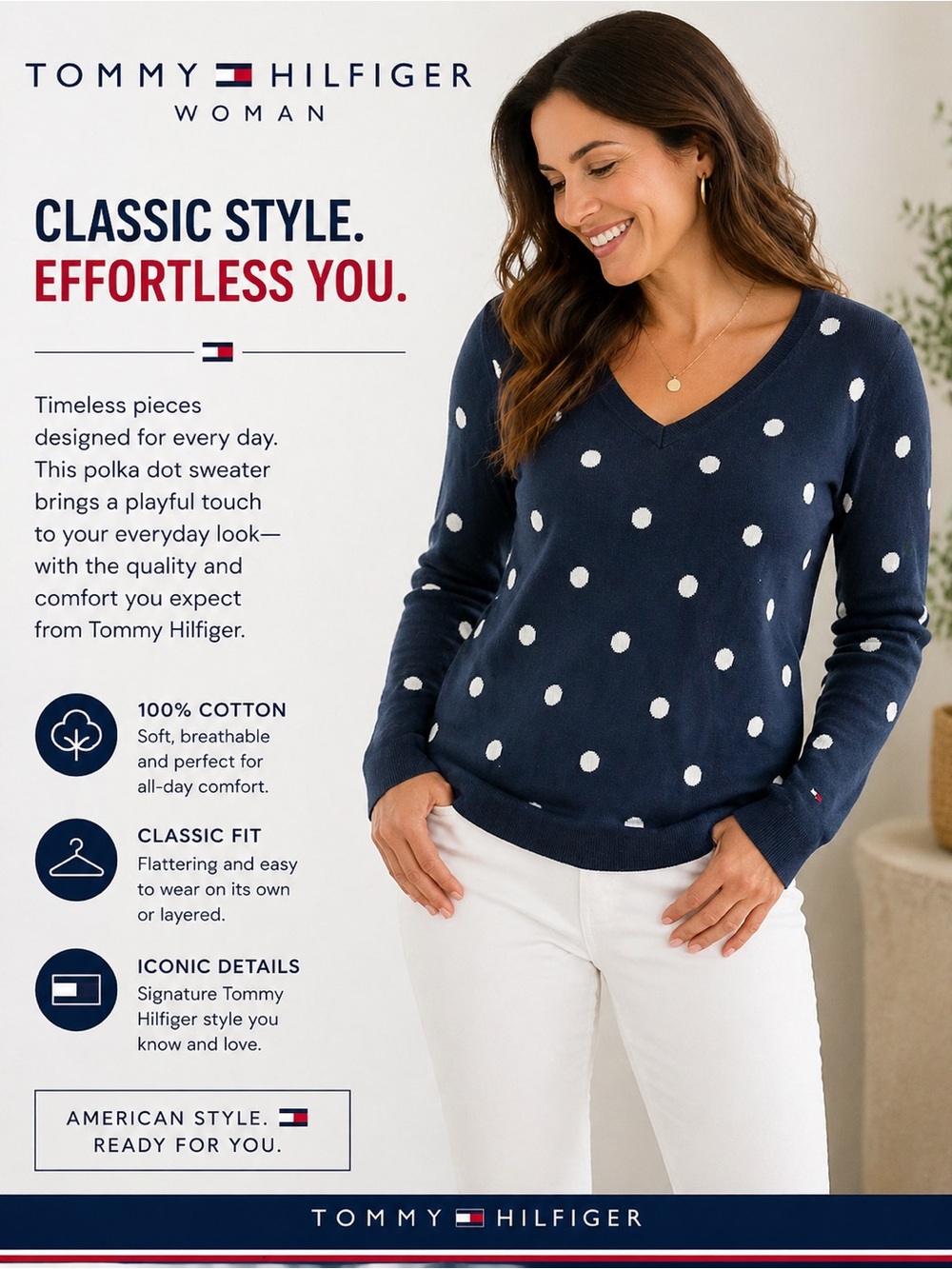 Tommy Hilfiger Navy and White Polka Dot V-Neck‎ Sweater med